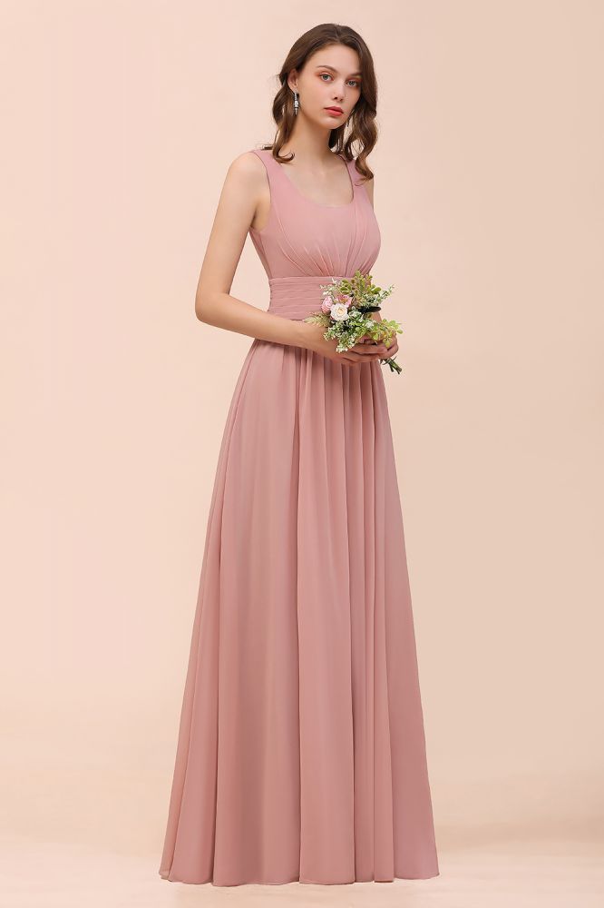 Vestido de dama de honor largo de gasa con escote en U y cintura alta para fiesta formal