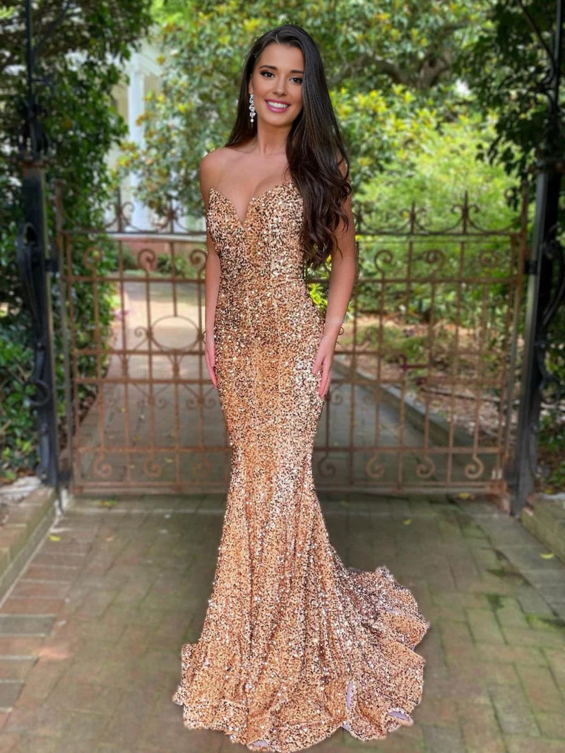 Ulissa| Vestidos de fiesta largos con lentejuelas y escote corazón de sirena en rojo