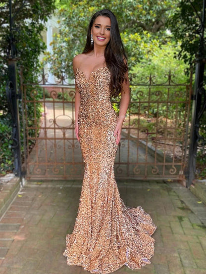 Ulissa| Red Mermaid Sweetheart Neck Sequins Long Prom Dresses