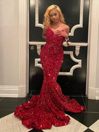 Ulissa| Vestidos de fiesta largos con lentejuelas y escote corazón de sirena en rojo