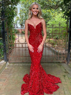 Ulissa| Vestidos de fiesta largos con lentejuelas y escote corazón de sirena en rojo