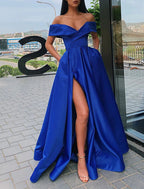 Marina | A-Linie Ballkleider Promi-Stil Kleid Weihnachten Bodenlang Kurzarm V-Ausschnitt Satin mit Schlitz