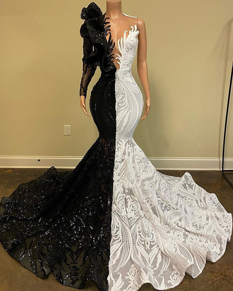 Unique Bicolor V-neck One Shoulder Long Sleeve Column Mermaid Prom Dresses