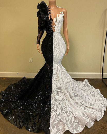 Unique Bicolor V-neck One Shoulder Long Sleeve Column Mermaid Prom Dresses