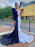 Einzigartiges zweifarbiges Ballkleid im Meerjungfrau-Stil mit V-Ausschnitt, einer Schulter und langen Ärmeln