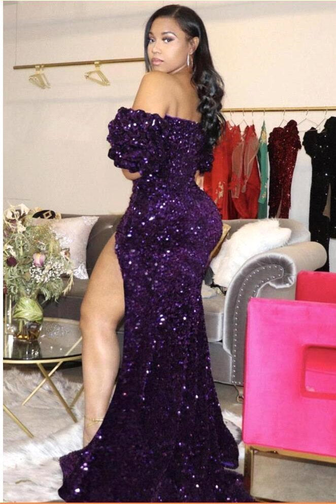 Unique Black V-neck Off-the-Shoulder Sequins Asymmetrical Column Prom Dresses