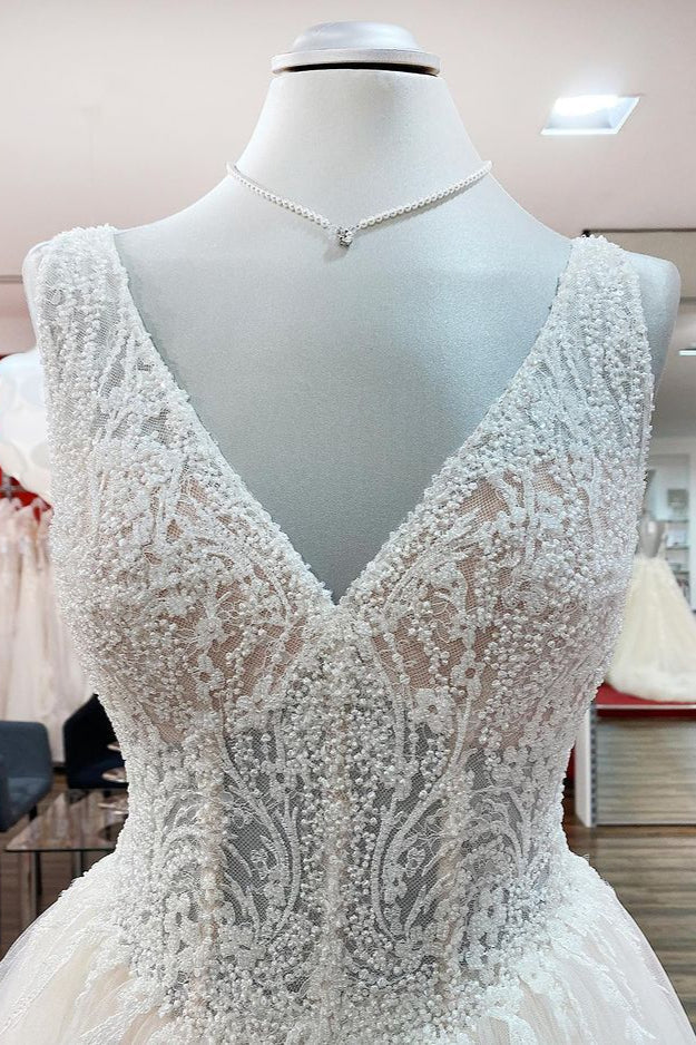 Vestido de novia único color marfil largo princesa con escote en V de tul y encaje