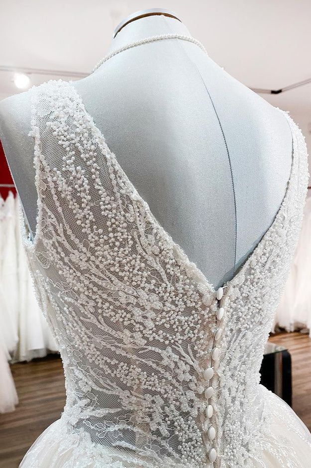 Vestido de novia único color marfil largo princesa con escote en V de tul y encaje