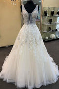 Unique Long A-line Tulle V Neck Beaded Lace Wedding Dress