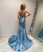 Unique Long V-neck Glitter Backless Mermaid Prom Dress