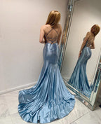 Unique Long V-neck Glitter Backless Mermaid Prom Dress
