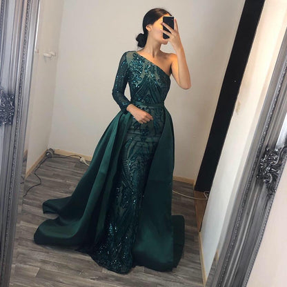 Unique Mermaid One Shoulder Sequins Long Prom Dress with Sleeves