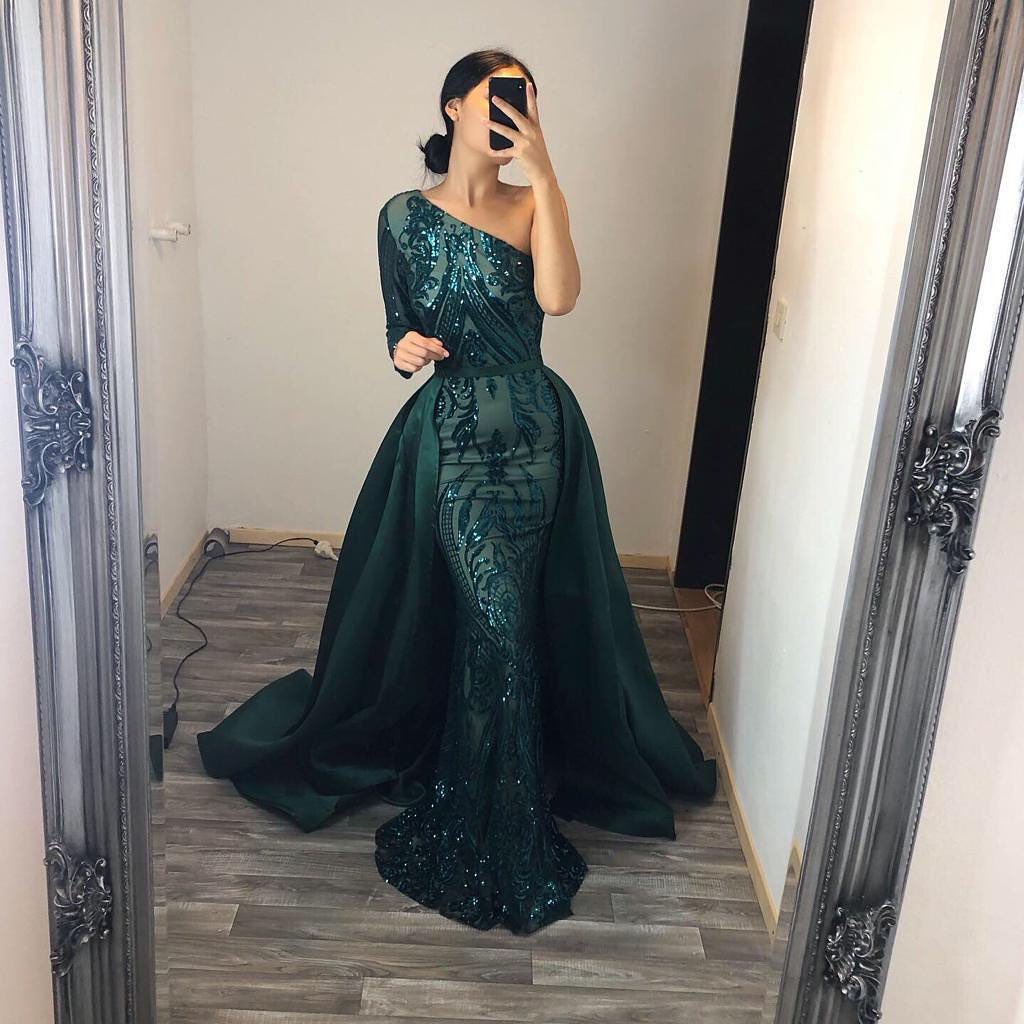 Unique Mermaid One Shoulder Sequins Long Prom Dress with Sleeves