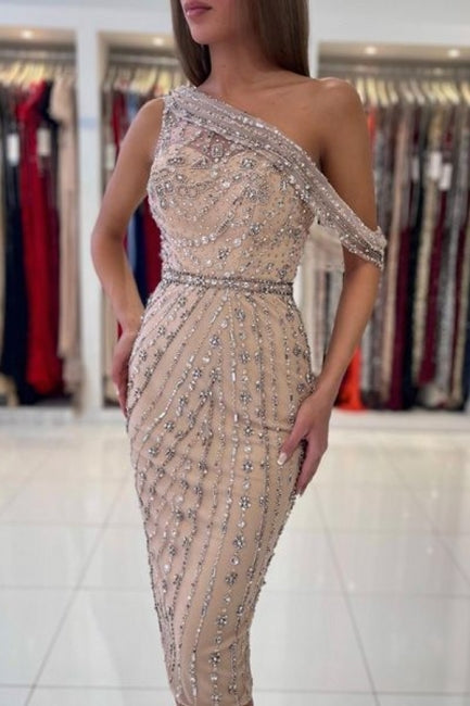 Vestidos de fiesta únicos de satén estilo sirena sin mangas con un solo hombro y cuentas
