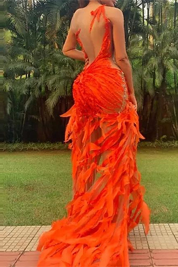 Vestidos de fiesta con escote en V, sin mangas, asimétricos y apliques de joya naranja únicos