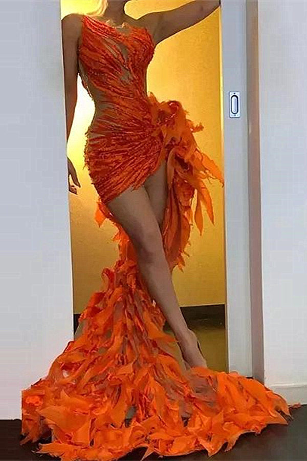Vestidos de fiesta con escote en V, sin mangas, asimétricos y apliques de joya naranja únicos