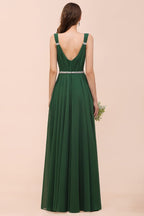 Vestido de dama de honor verde oscuro con escote en V y corte A, cinturón de diamantes de imitación