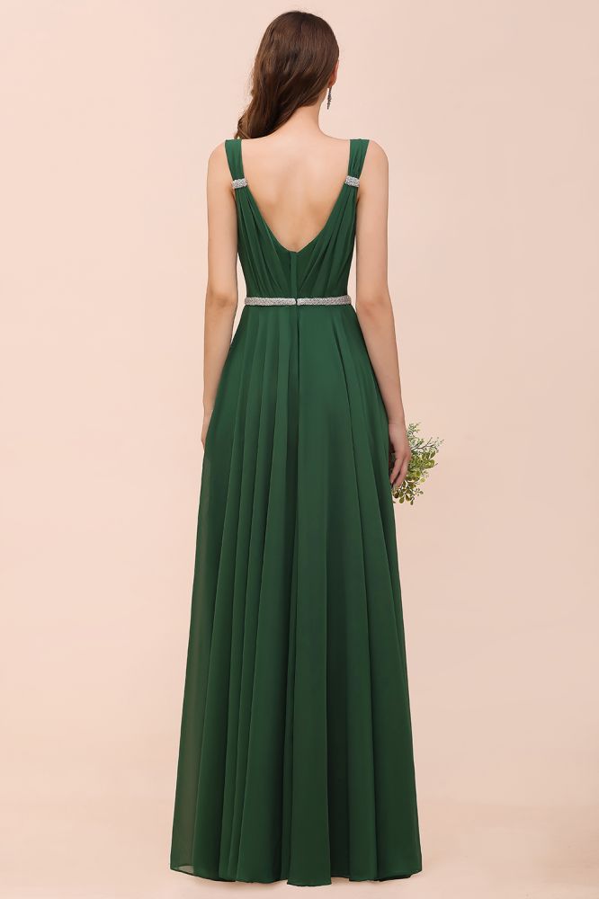 Vestido de dama de honor verde oscuro con escote en V y corte A, cinturón de diamantes de imitación