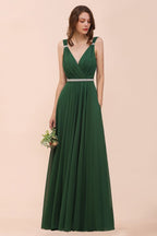 Vestido de dama de honor verde oscuro con escote en V y corte A, cinturón de diamantes de imitación