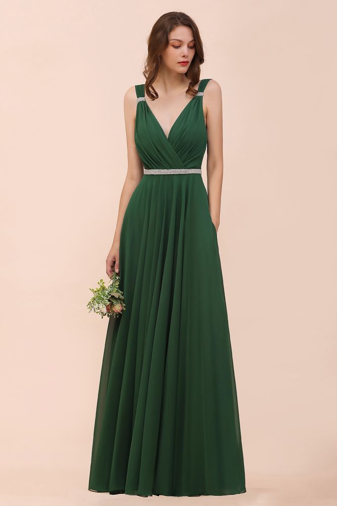 Vestido de dama de honor verde oscuro con escote en V y corte A, cinturón de diamantes de imitación