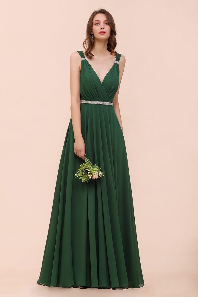 Vestido de dama de honor verde oscuro con escote en V y corte A, cinturón de diamantes de imitación
