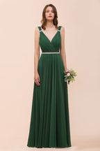 Vestido de dama de honor verde oscuro con escote en V y corte A, cinturón de diamantes de imitación