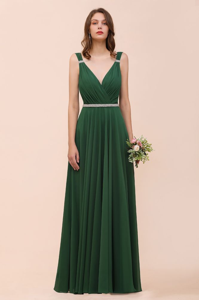 Vestido de dama de honor verde oscuro con escote en V y corte A, cinturón de diamantes de imitación