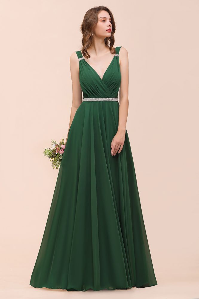 Vestido de dama de honor verde oscuro con escote en V y corte A, cinturón de diamantes de imitación