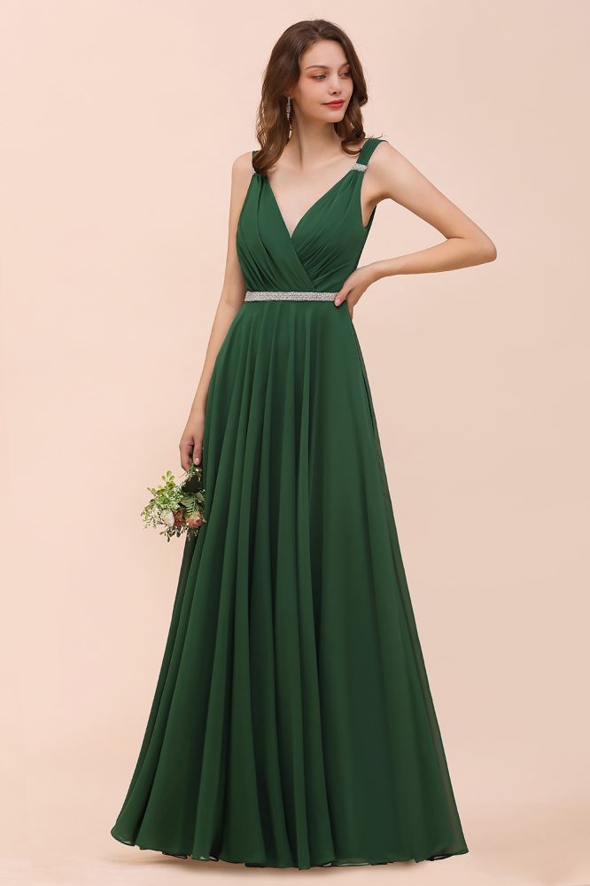 Vestido de dama de honor verde oscuro con escote en V y corte A, cinturón de diamantes de imitación