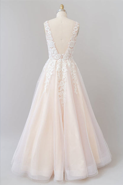 V-neck Appliques Tulle Floor length Wedding Dress