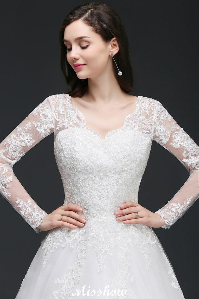 V-Neck Ball Gown Lace Tulle Wedding Dresses
