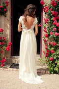 V-neck Cap Sleeves Sweep Train Backless Wedding Dress With Sash  WD011