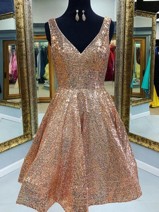 V Neck Champagne Lace Short Prom Homecoming Dresses Sequined Formal Party Gowns