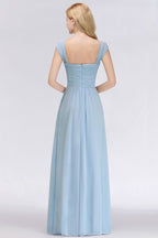 Vestido de dama de honor de gasa con escote en V, corte en A, color azul cielo, largo hasta el suelo, vestido de noche con vuelo