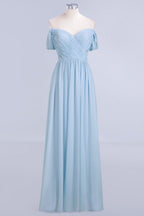 Vestido de dama de honor de gasa con escote en V, corte en A, color azul cielo, largo hasta el suelo, vestido de noche con vuelo