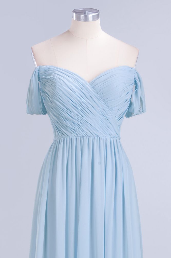 Vestido de dama de honor de gasa con escote en V, corte en A, color azul cielo, largo hasta el suelo, vestido de noche con vuelo