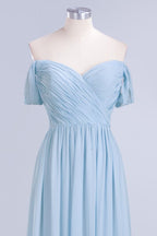 Vestido de dama de honor de gasa con escote en V, corte en A, color azul cielo, largo hasta el suelo, vestido de noche con vuelo