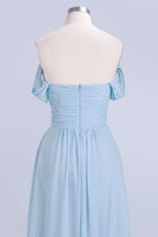 Vestido de dama de honor de gasa con escote en V, corte en A, color azul cielo, largo hasta el suelo, vestido de noche con vuelo