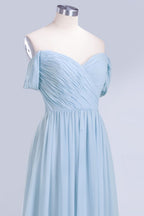 Vestido de dama de honor de gasa con escote en V, corte en A, color azul cielo, largo hasta el suelo, vestido de noche con vuelo