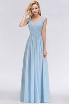 Vestido de dama de honor de gasa con escote en V, corte en A, color azul cielo, largo hasta el suelo, vestido de noche con vuelo