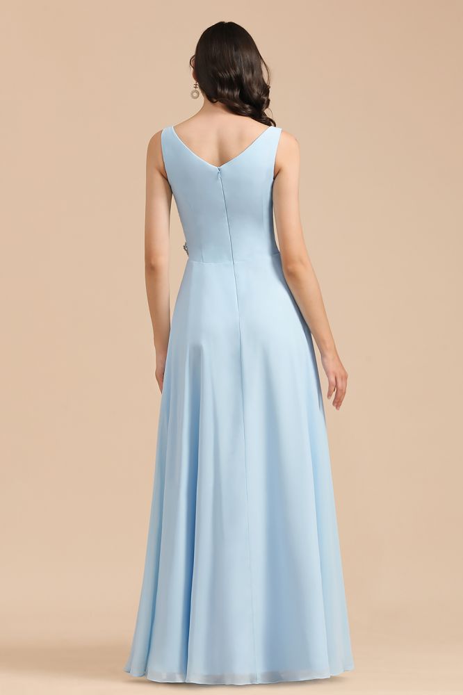 Vestido de dama de honor de gasa con escote en V, corte A, sin mangas, largo hasta el suelo, vestido de novia sencillo