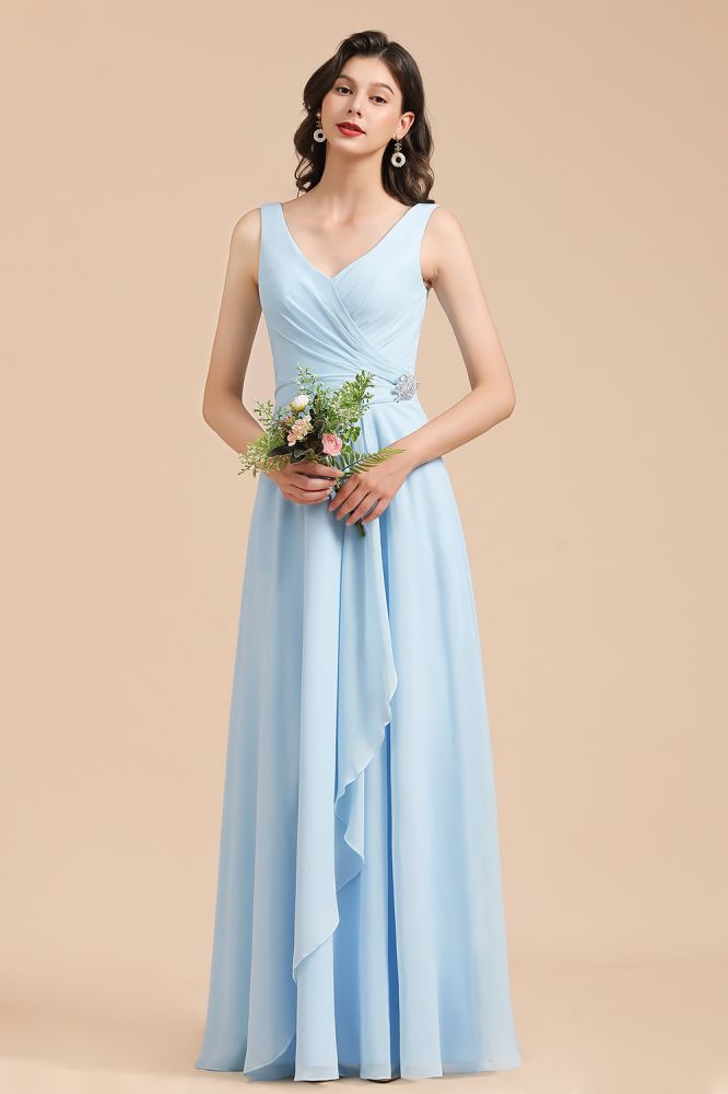 Vestido de dama de honor de gasa con escote en V, corte A, sin mangas, largo hasta el suelo, vestido de novia sencillo