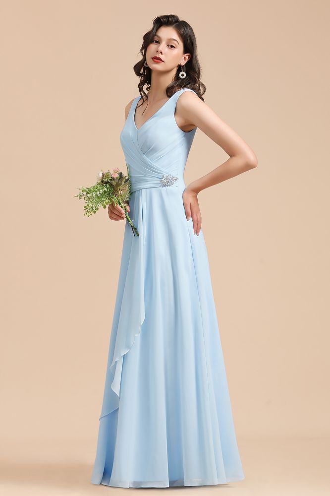 Vestido de dama de honor de gasa con escote en V, corte A, sin mangas, largo hasta el suelo, vestido de novia sencillo