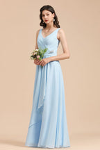 Vestido de dama de honor de gasa con escote en V, corte A, sin mangas, largo hasta el suelo, vestido de novia sencillo