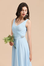 Vestido de dama de honor de gasa con escote en V, corte A, sin mangas, largo hasta el suelo, vestido de novia sencillo