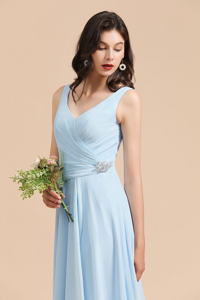 Vestido de dama de honor de gasa con escote en V, corte A, sin mangas, largo hasta el suelo, vestido de novia sencillo