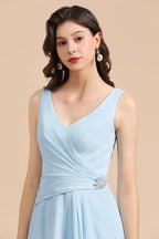 Vestido de dama de honor de gasa con escote en V, corte A, sin mangas, largo hasta el suelo, vestido de novia sencillo