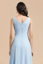 Vestido de dama de honor de gasa con escote en V, corte A, sin mangas, largo hasta el suelo, vestido de novia sencillo