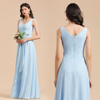 Vestido de dama de honor de gasa con escote en V, corte A, sin mangas, largo hasta el suelo, vestido de novia sencillo