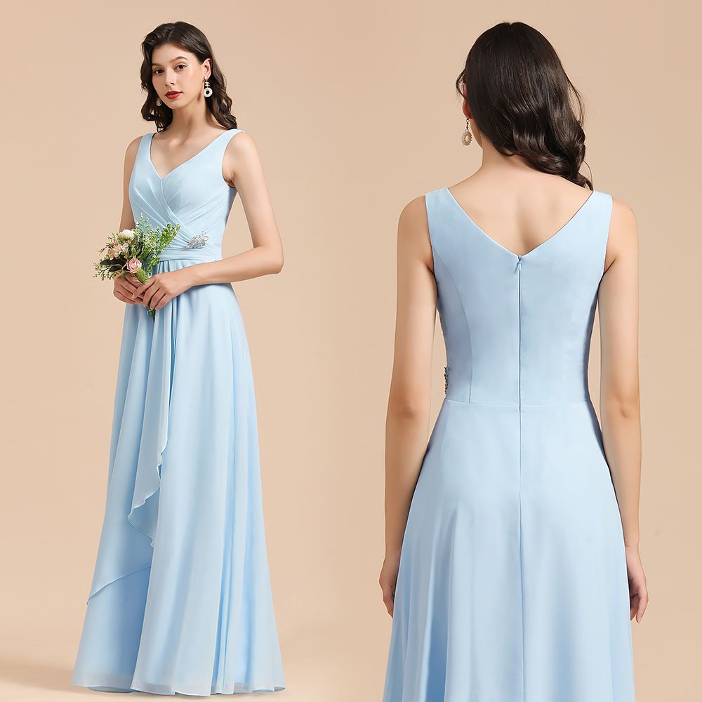 Vestido de dama de honor de gasa con escote en V, corte A, sin mangas, largo hasta el suelo, vestido de novia sencillo